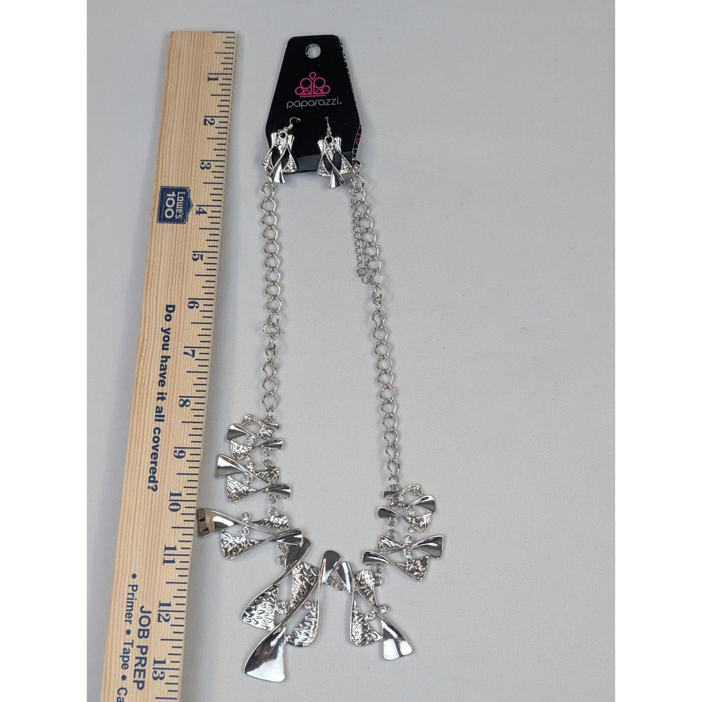 Paparazzi Silver Tone Abstract Geometric Rhinestone Necklace & Earring Set